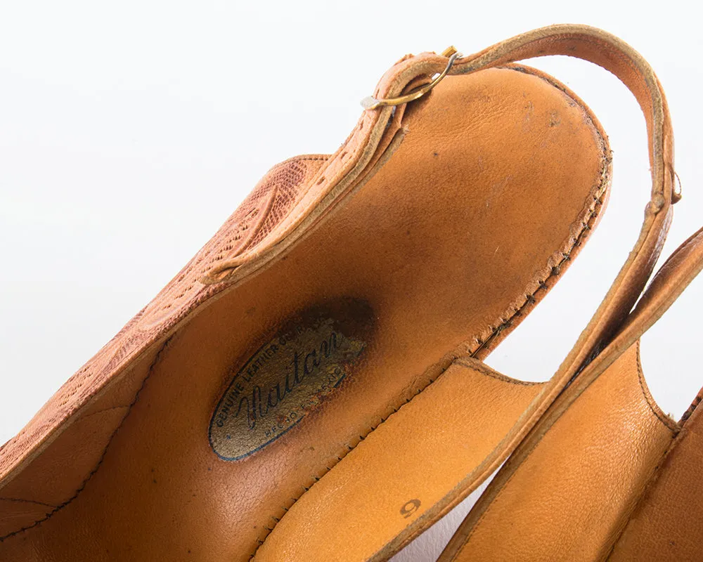 1940s 1950s Floral Tooled Leather Wedge Sandals | size 6