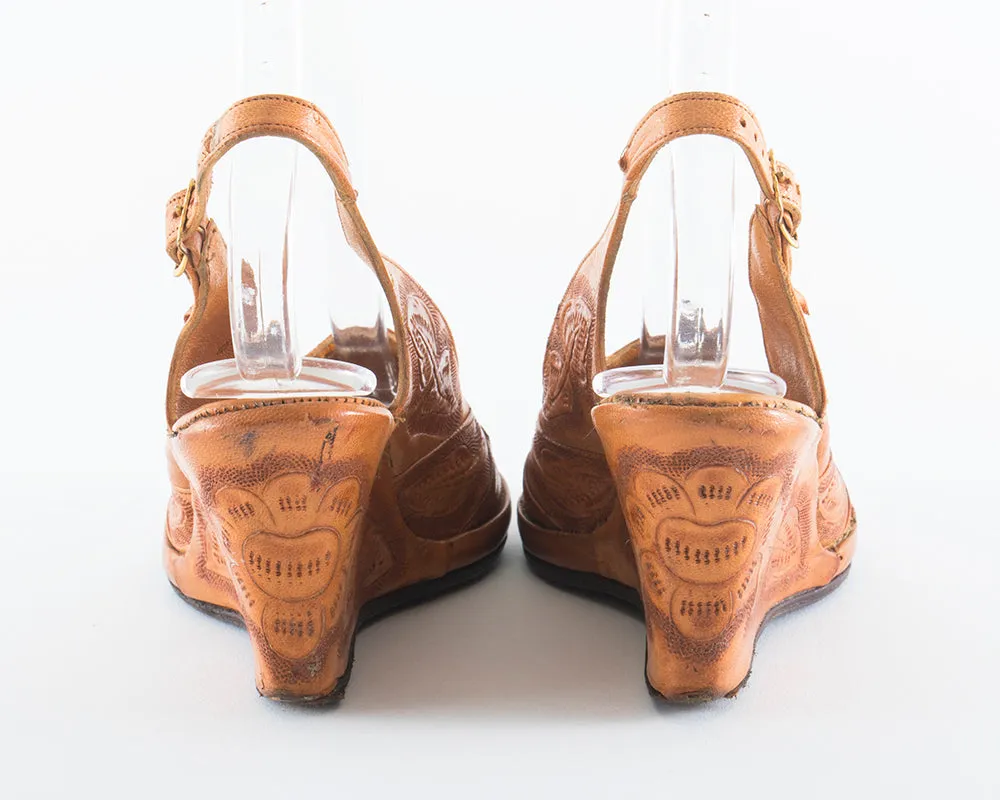 1940s 1950s Floral Tooled Leather Wedge Sandals | size 6
