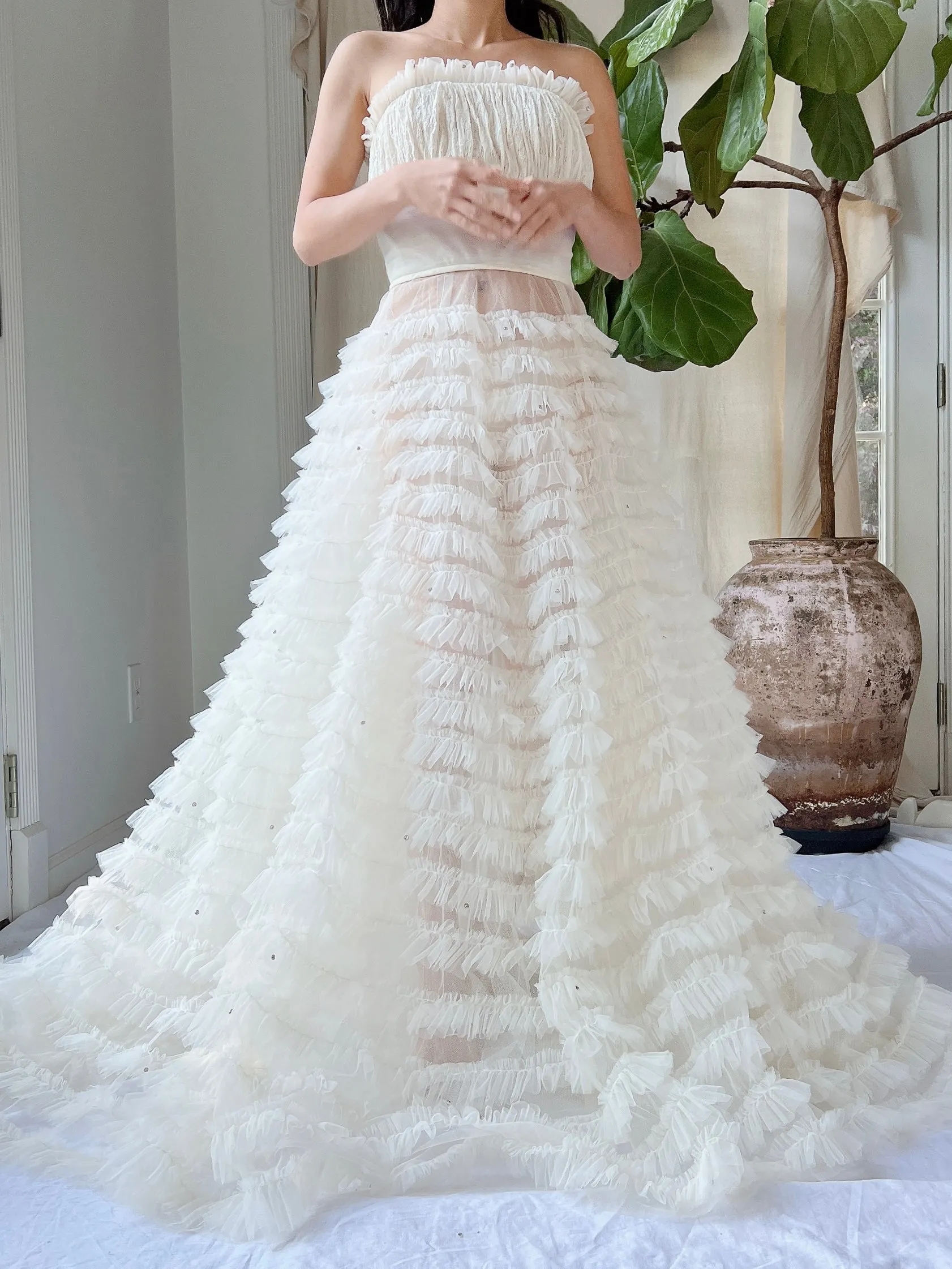 1950s Sheer Ruffle Ivory Dress - XS
