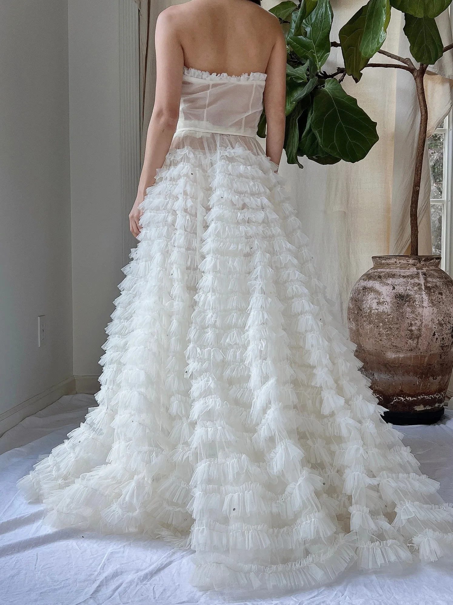 1950s Sheer Ruffle Ivory Dress - XS