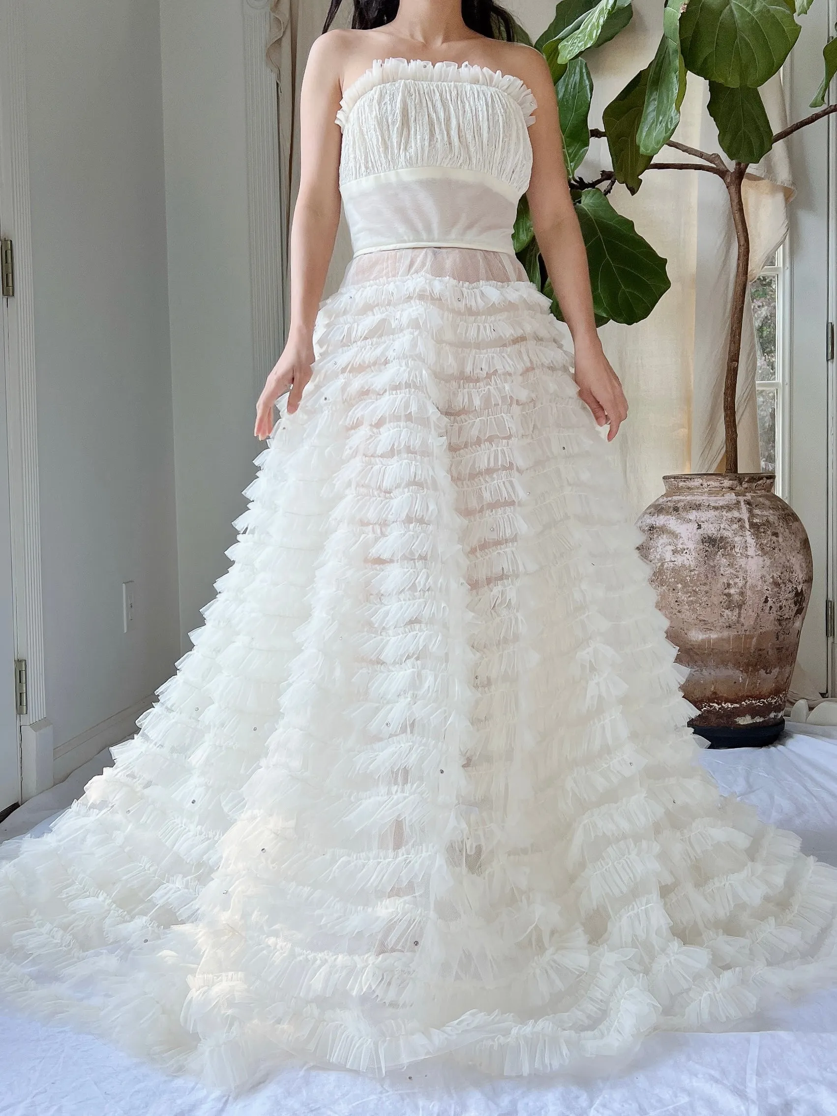 1950s Sheer Ruffle Ivory Dress - XS