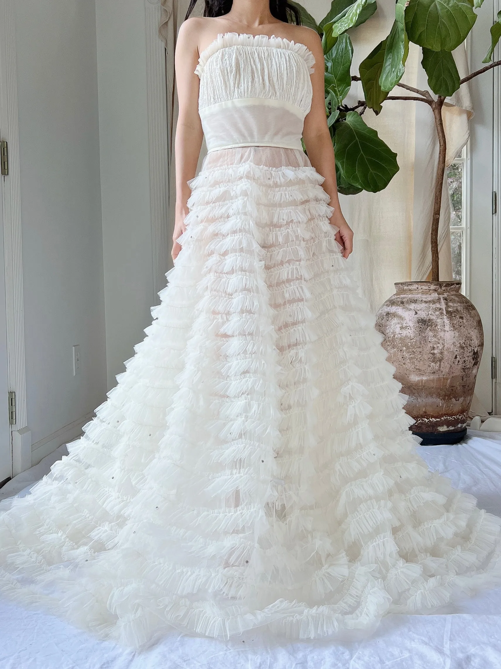 1950s Sheer Ruffle Ivory Dress - XS