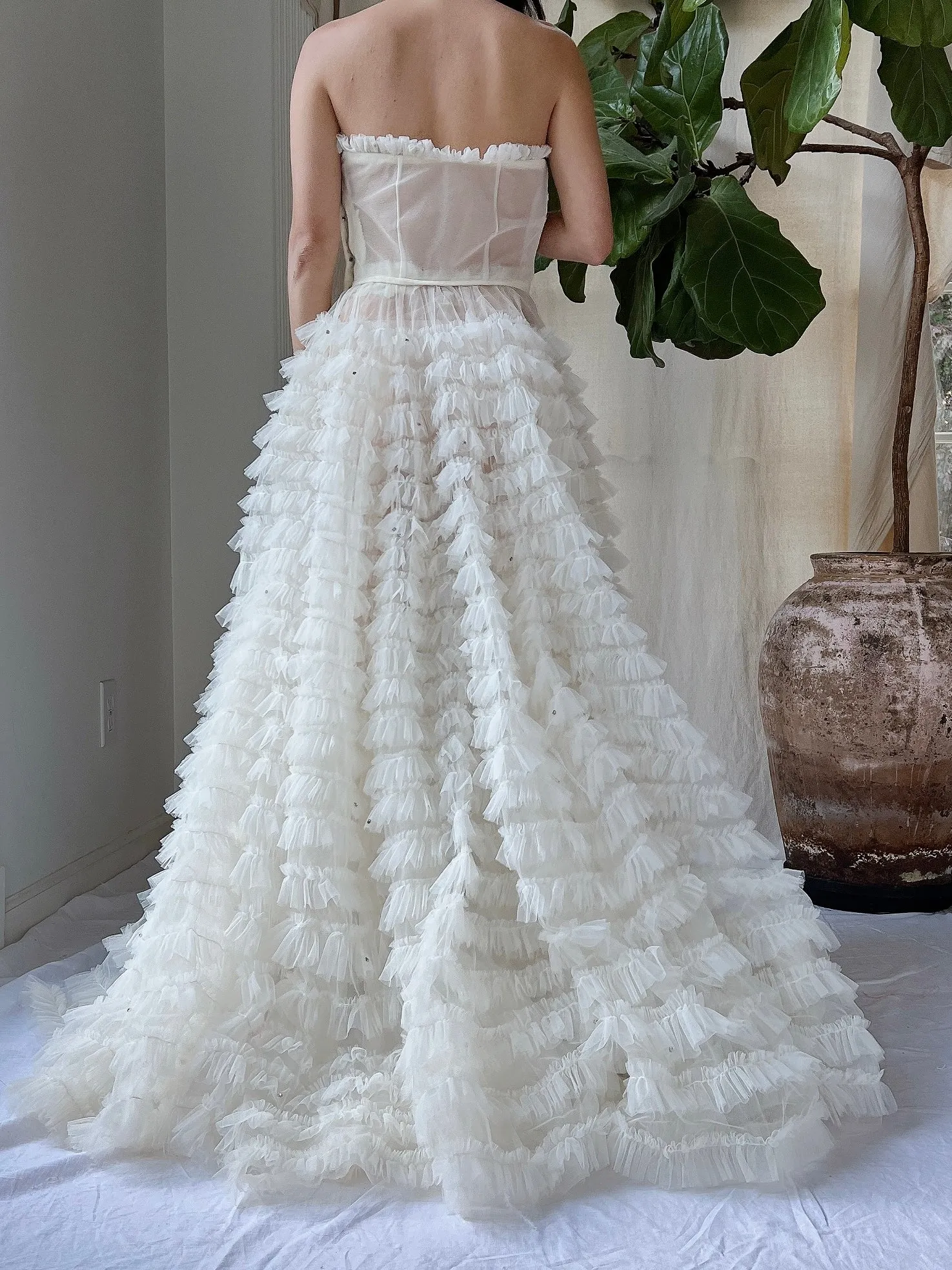 1950s Sheer Ruffle Ivory Dress - XS