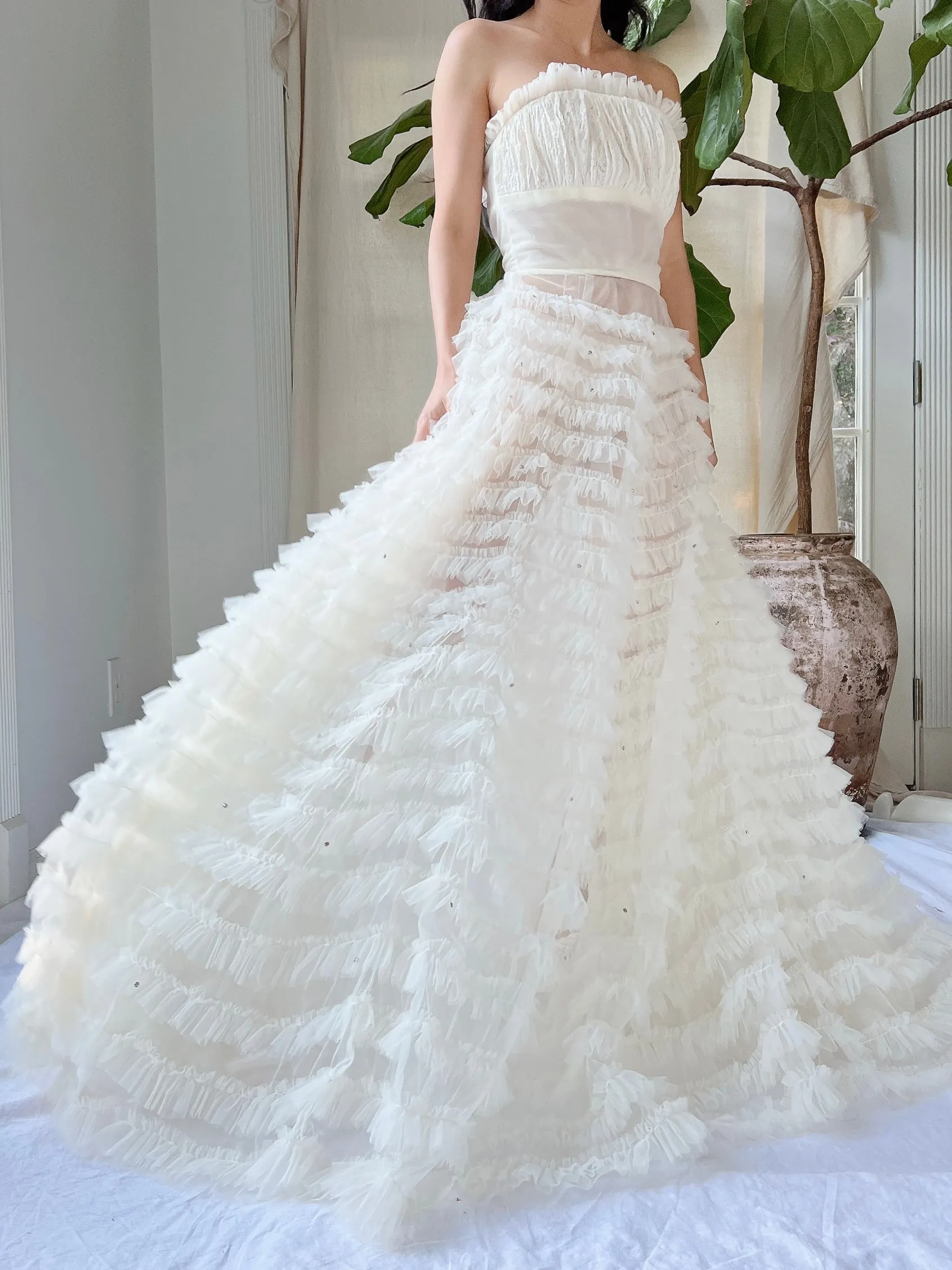 1950s Sheer Ruffle Ivory Dress - XS