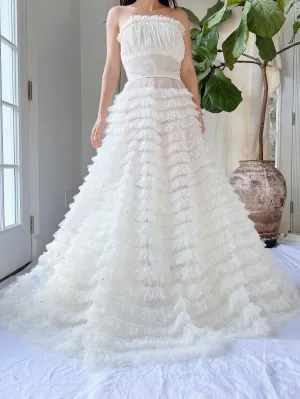 1950s Sheer Ruffle Ivory Dress - XS