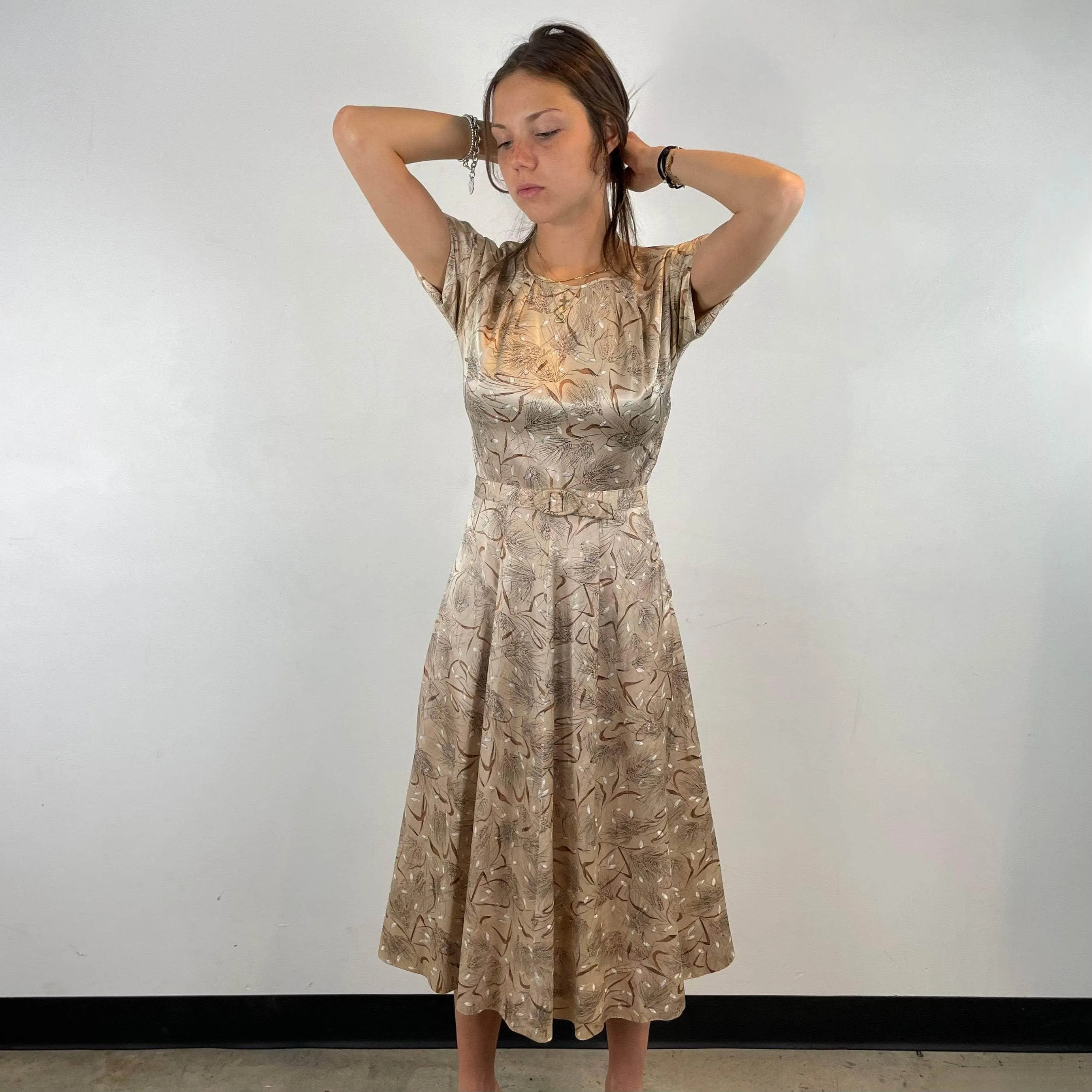 1950s Short-Sleeve Satin Flared Midi Dress X-Small / Small