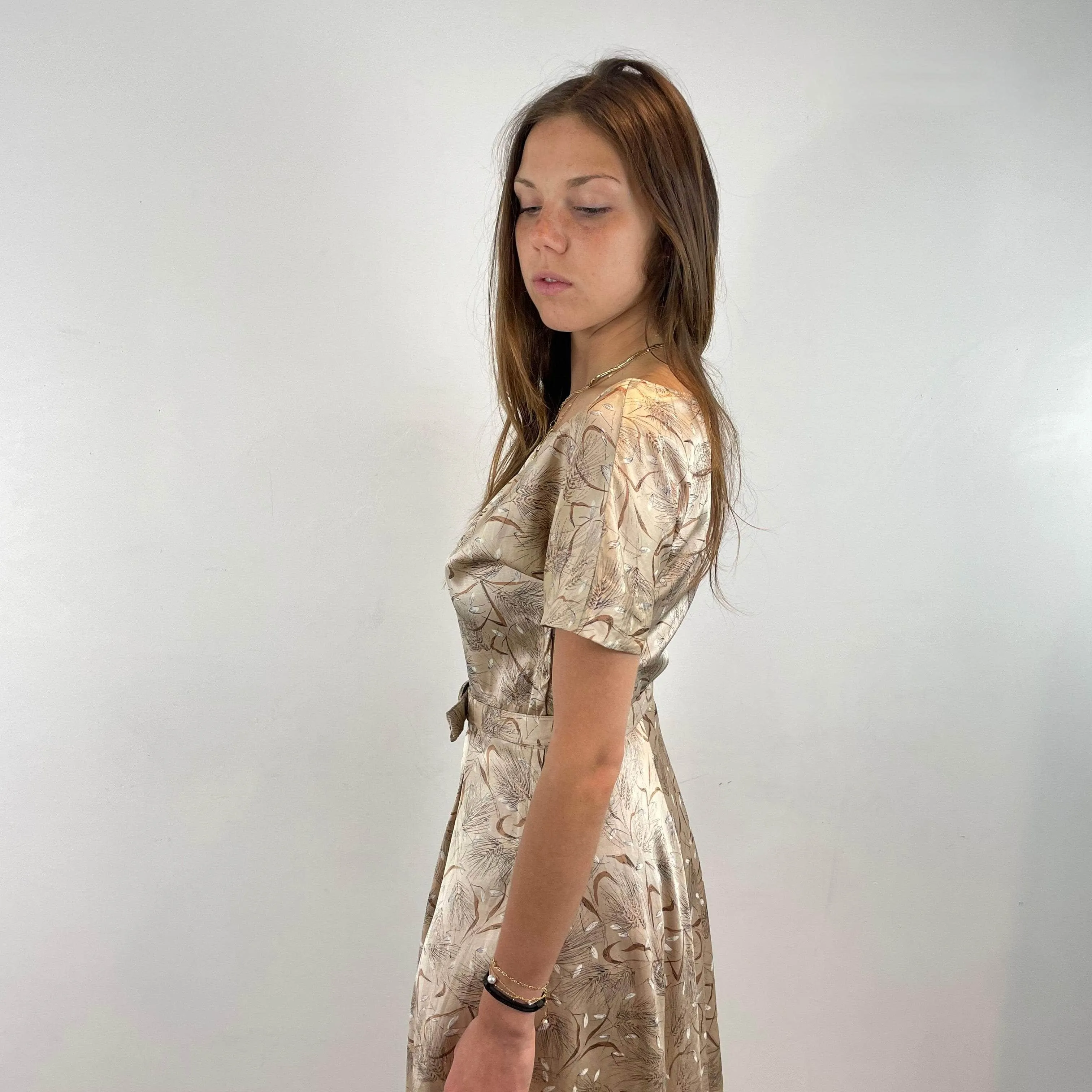 1950s Short-Sleeve Satin Flared Midi Dress X-Small / Small