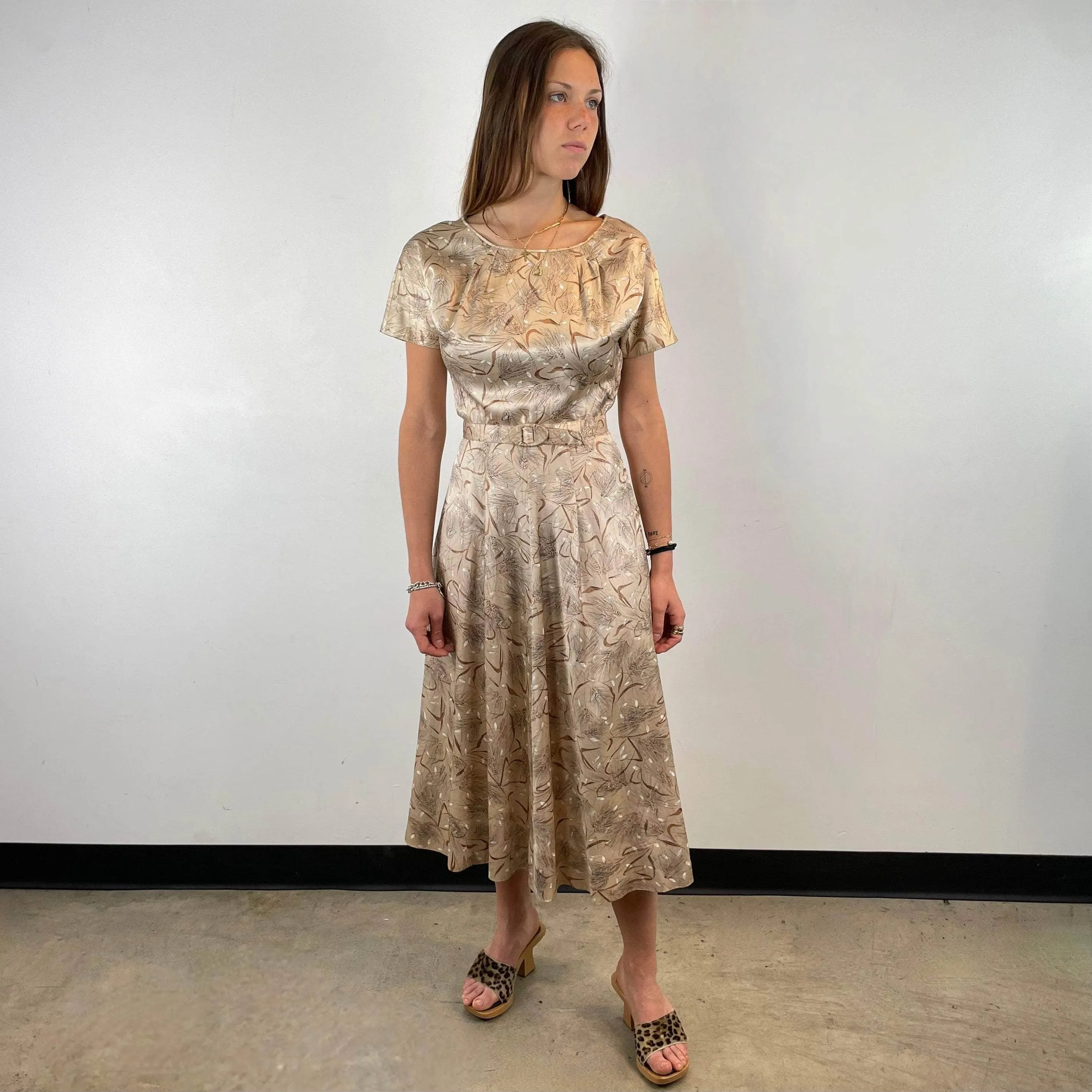 1950s Short-Sleeve Satin Flared Midi Dress X-Small / Small