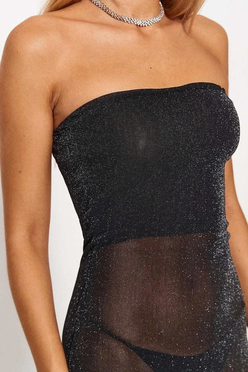 2024 Women's Low-Cut Clean Color Mesh Tube Top Dress - Black