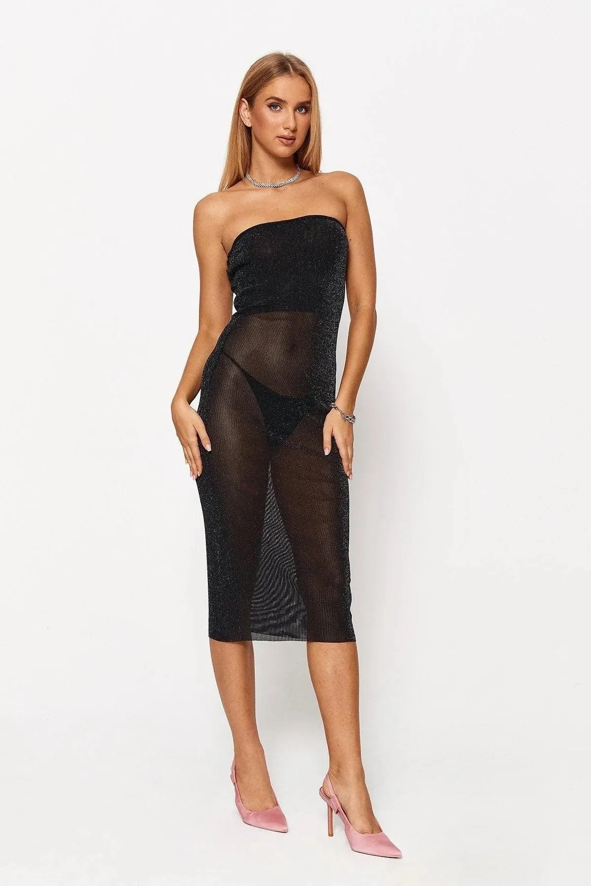 2024 Women's Low-Cut Clean Color Mesh Tube Top Dress - Black