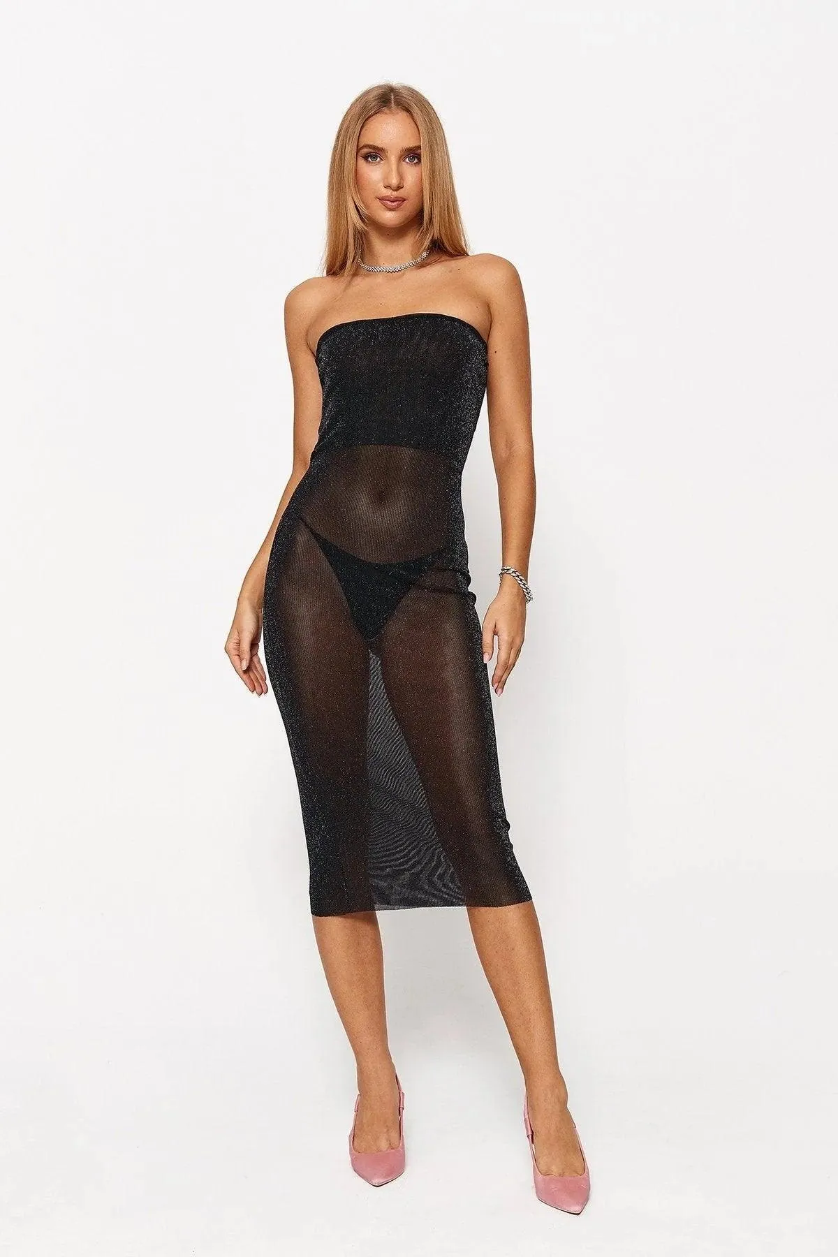 2024 Women's Low-Cut Clean Color Mesh Tube Top Dress - Black
