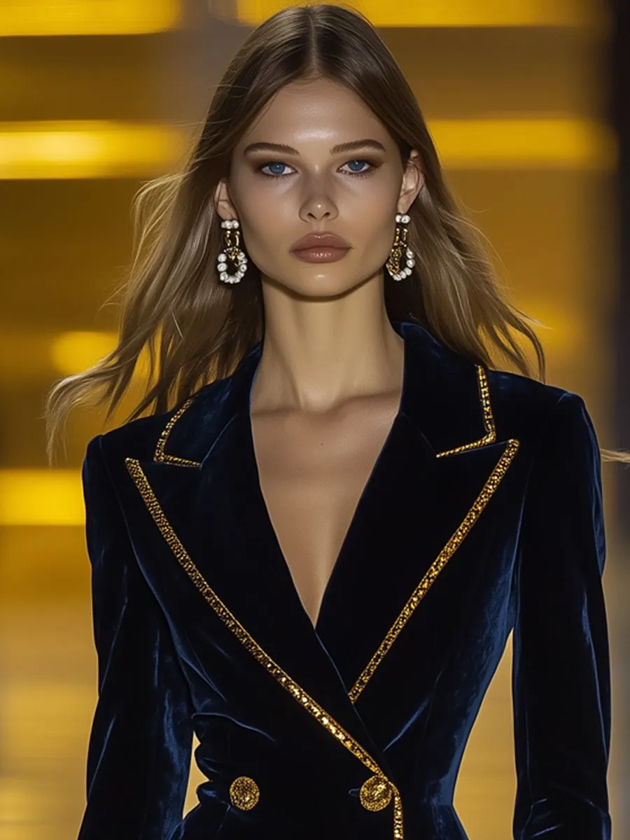 【24-hour shipping】Casual Fashion Retro Navy Velvet Gold Trim Double Breasted Suit Mini Dress