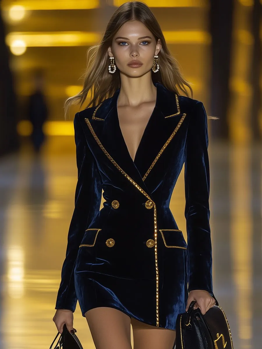 【24-hour shipping】Casual Fashion Retro Navy Velvet Gold Trim Double Breasted Suit Mini Dress