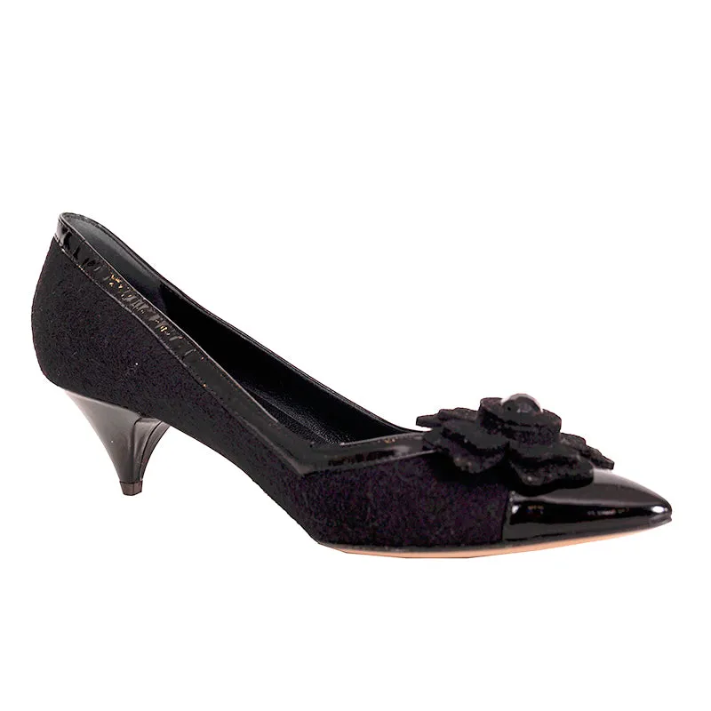 37.5 NEW MOSCHINO CHEAP AND CHIC VINTAGE Black Wool Patent Leather KITTEN HEELS