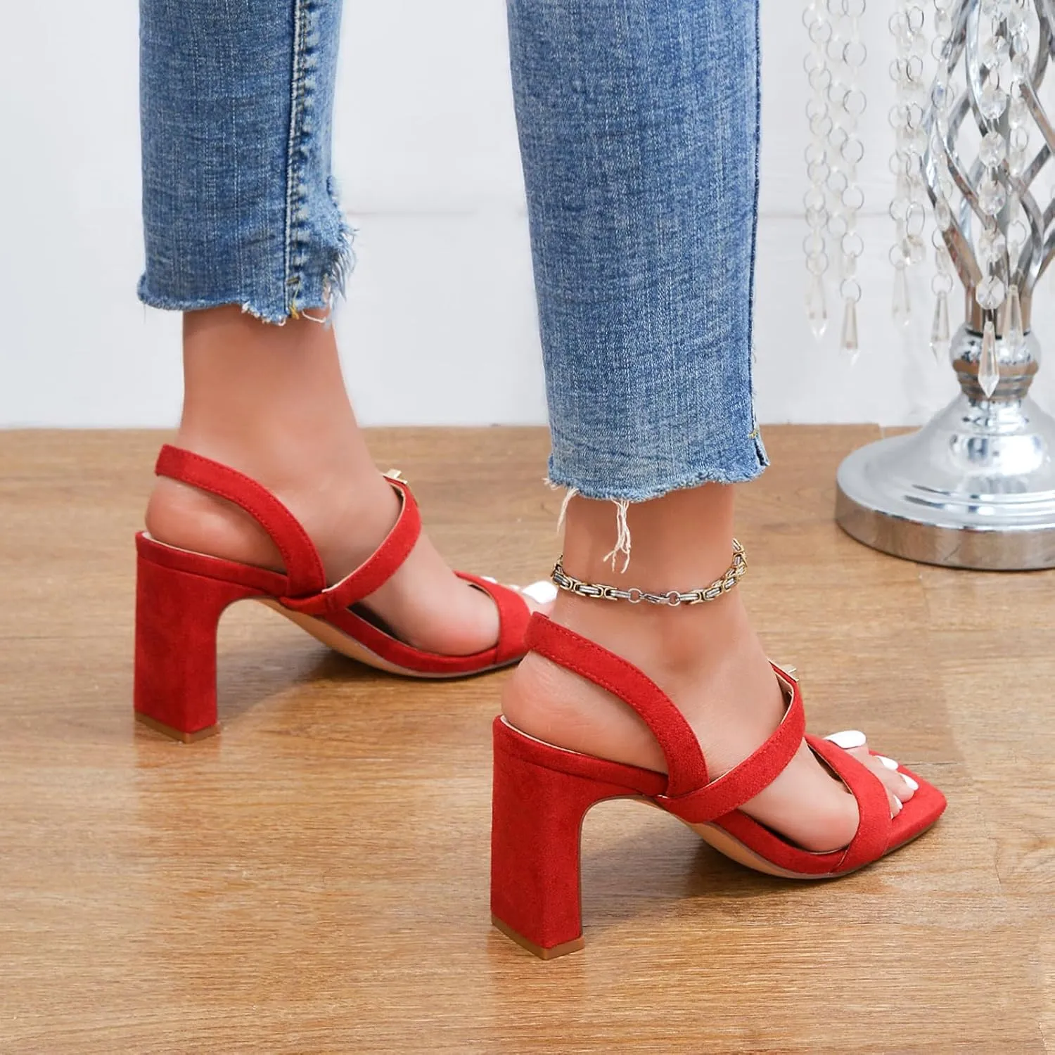 3IN Chunky Heels For Women Block Square Open Toe Heeled Sandals Metallic Buckle Pumps with Backless Strap