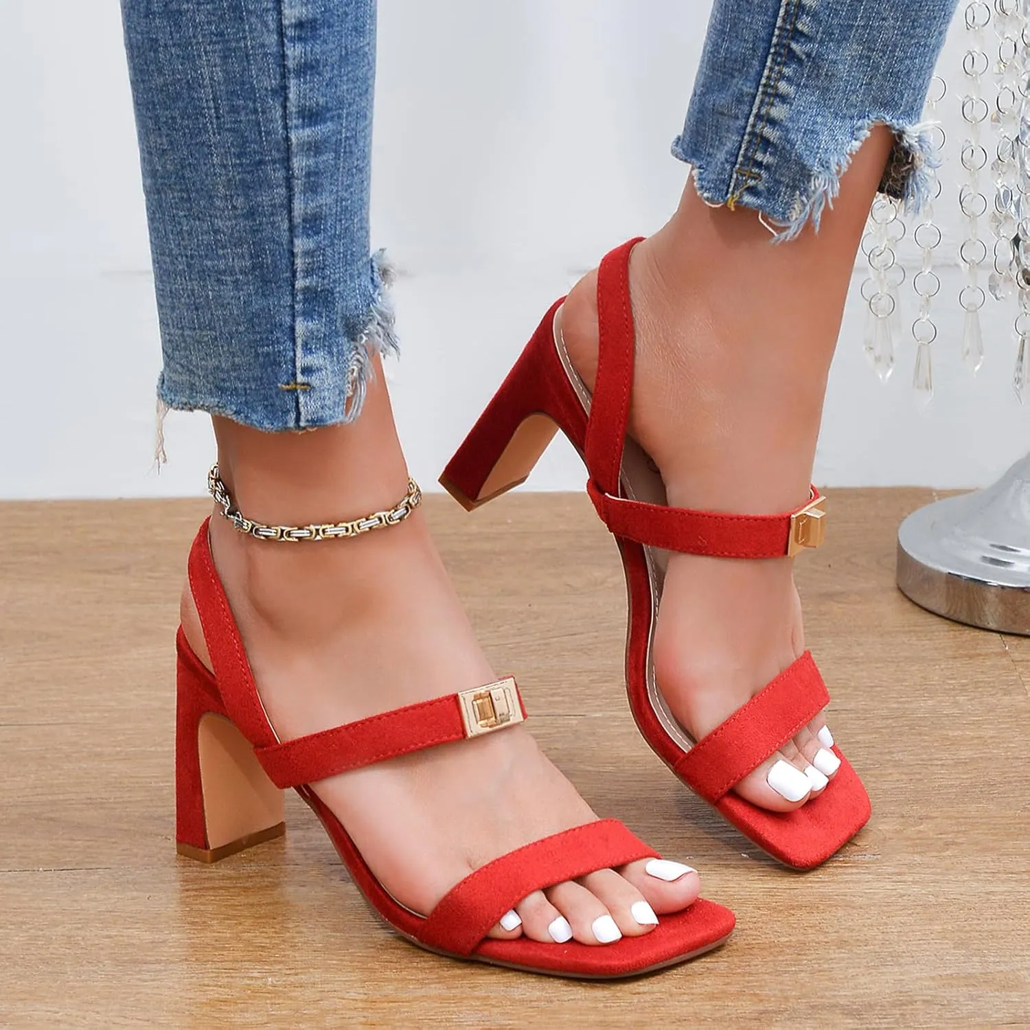 3IN Chunky Heels For Women Block Square Open Toe Heeled Sandals Metallic Buckle Pumps with Backless Strap