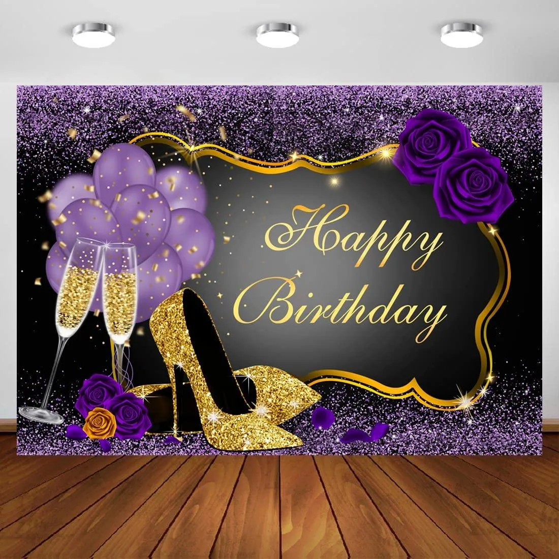 7x5FT Purple Happy Birthday Backdrop Rose Shiny Sequin High Heels Champagne Golden Frame Glasses Photography Background