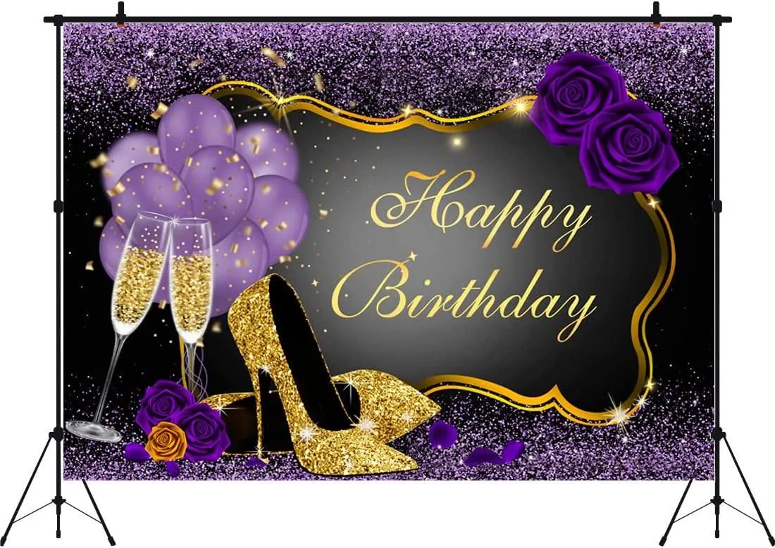 7x5FT Purple Happy Birthday Backdrop Rose Shiny Sequin High Heels Champagne Golden Frame Glasses Photography Background
