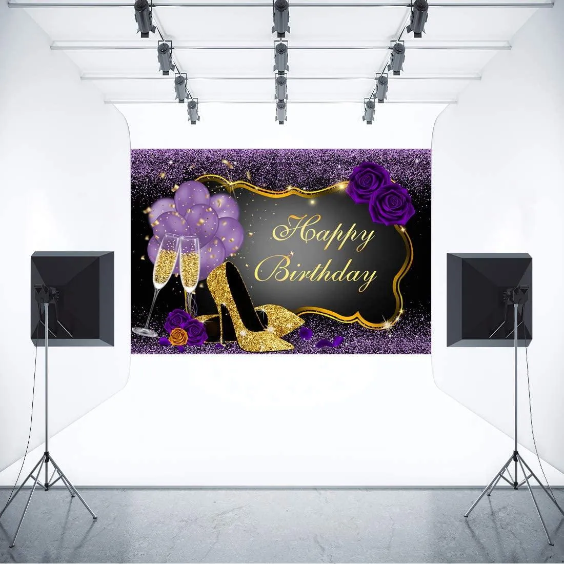 7x5FT Purple Happy Birthday Backdrop Rose Shiny Sequin High Heels Champagne Golden Frame Glasses Photography Background