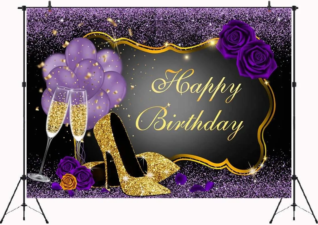 7x5FT Purple Happy Birthday Backdrop Rose Shiny Sequin High Heels Champagne Golden Frame Glasses Photography Background