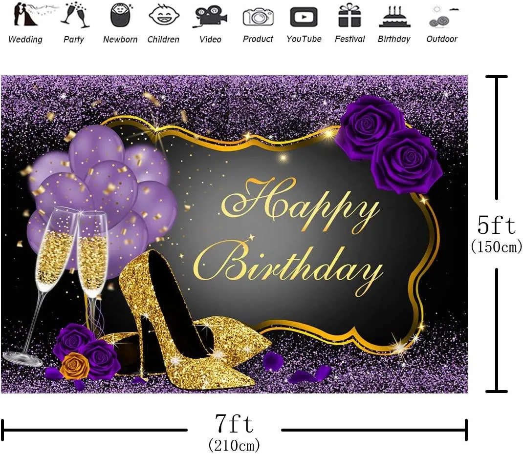 7x5FT Purple Happy Birthday Backdrop Rose Shiny Sequin High Heels Champagne Golden Frame Glasses Photography Background