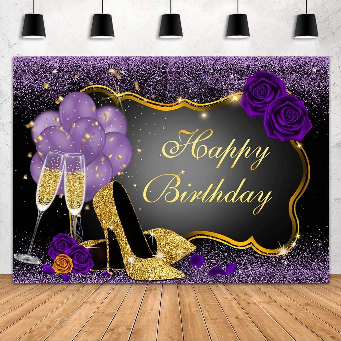 7x5FT Purple Happy Birthday Backdrop Rose Shiny Sequin High Heels Champagne Golden Frame Glasses Photography Background