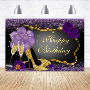 7x5FT Purple Happy Birthday Backdrop Rose Shiny Sequin High Heels Champagne Golden Frame Glasses Photography Background
