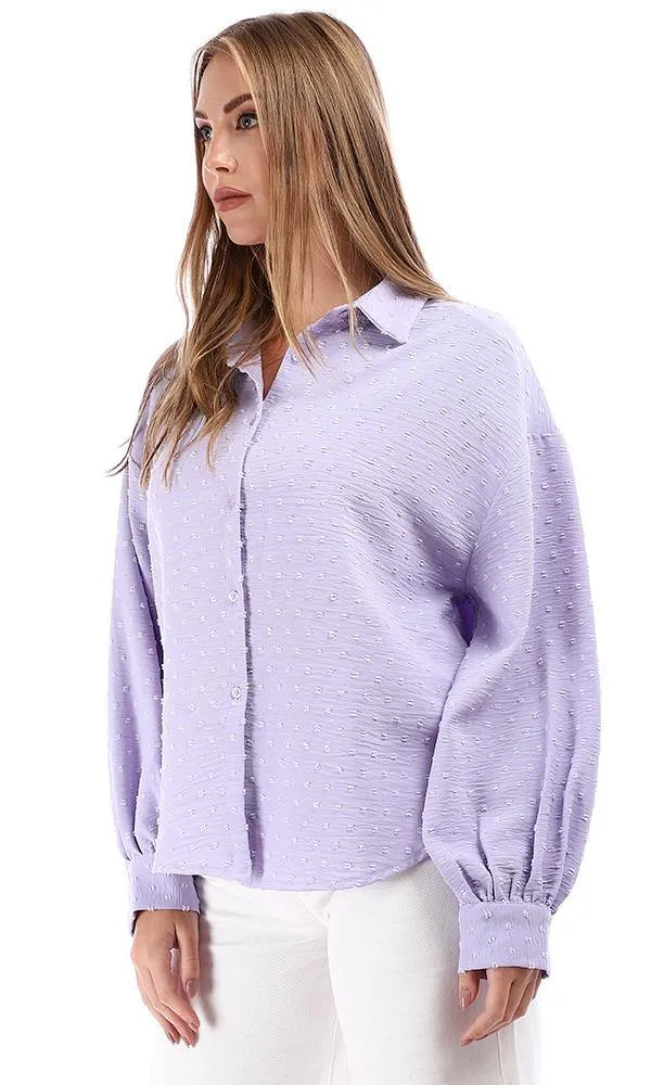 95423 Puffy Sleeves Slub Buttoned Down Shirt - Lilac