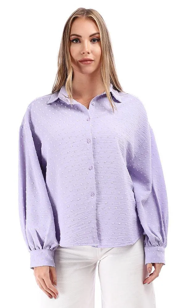 95423 Puffy Sleeves Slub Buttoned Down Shirt - Lilac