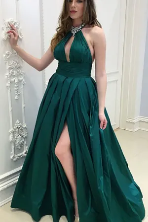 A-Line Halter Backless Floor-Length Dark Green Prom Dress with Keyhole Beading LRA039