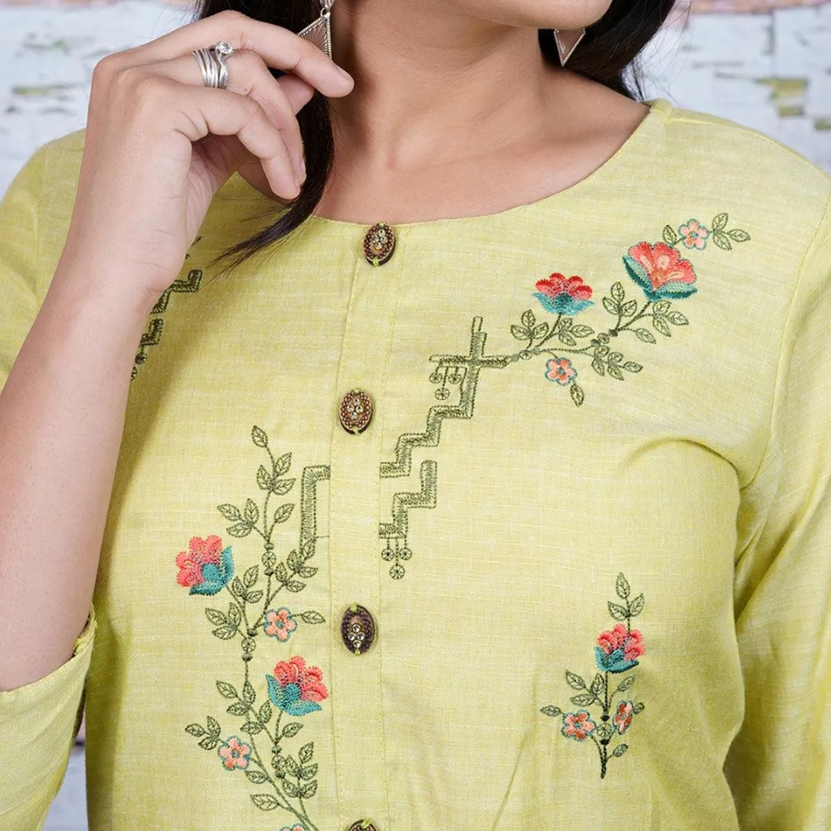 Aariya Designs - Light Green Colored Casual Wear Floral Embroidered Cotton Kurti