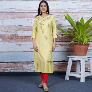 Aariya Designs - Light Green Colored Casual Wear Floral Embroidered Cotton Kurti