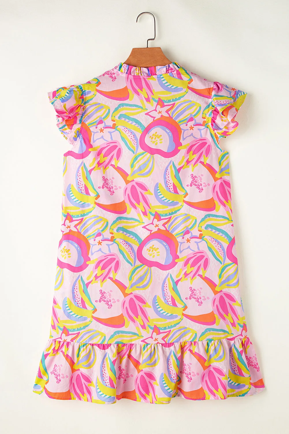 Abstract Floral Ruffle Trim Flutter Sleeve Buttoned Dress