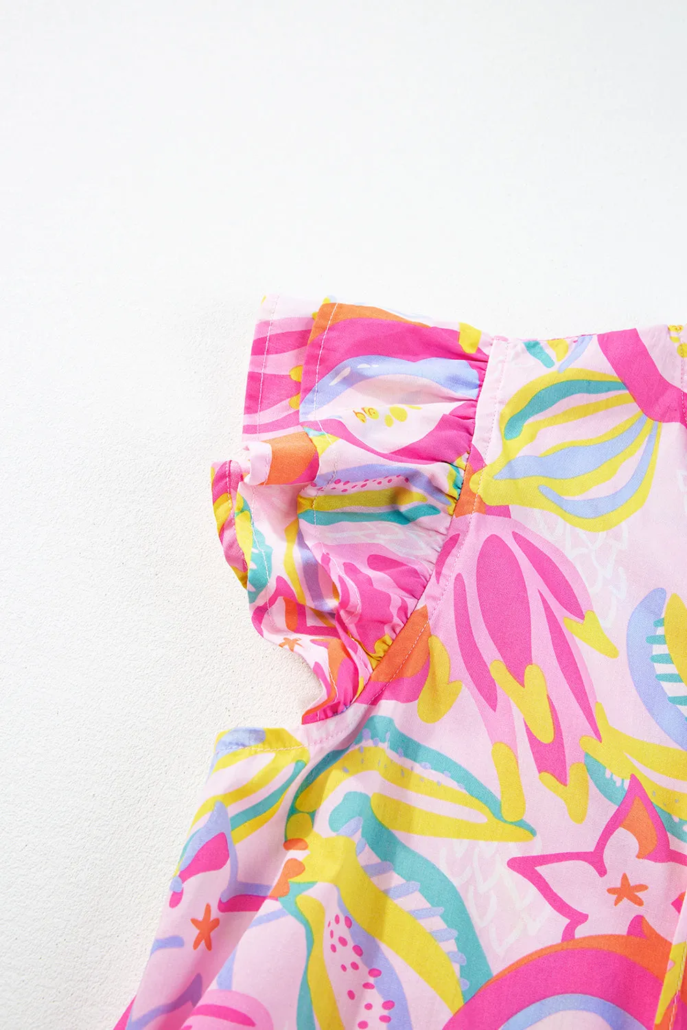 Abstract Floral Ruffle Trim Flutter Sleeve Buttoned Dress