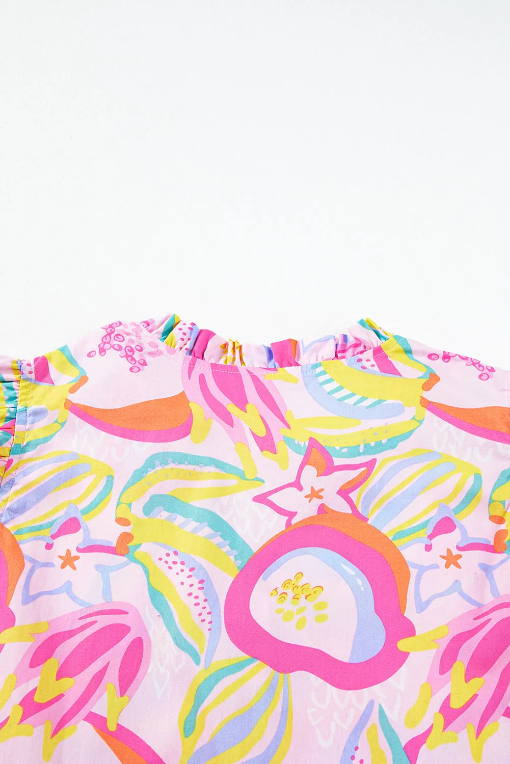 Abstract Floral Ruffle Trim Flutter Sleeve Buttoned Dress