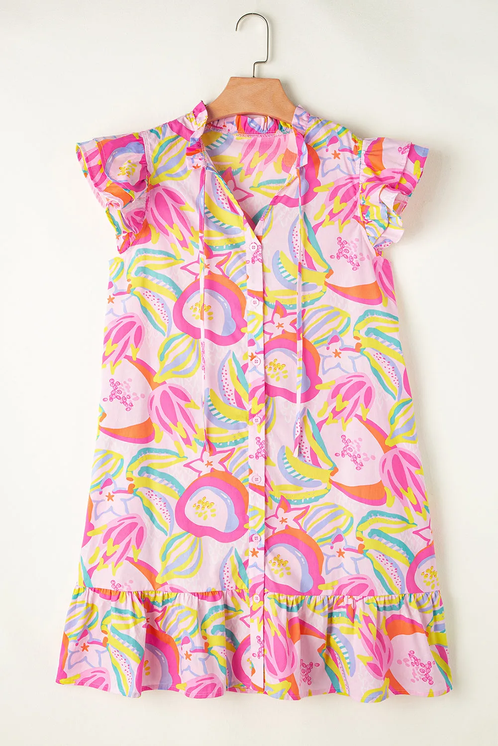 Abstract Floral Ruffle Trim Flutter Sleeve Buttoned Dress