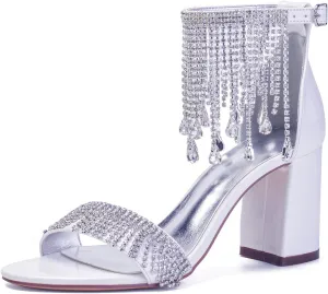 ADMLZQQ High Block Heel Wedding Sandals Rhinestone Wedding Shoes for Bride Ankle Strap Bridal Heels