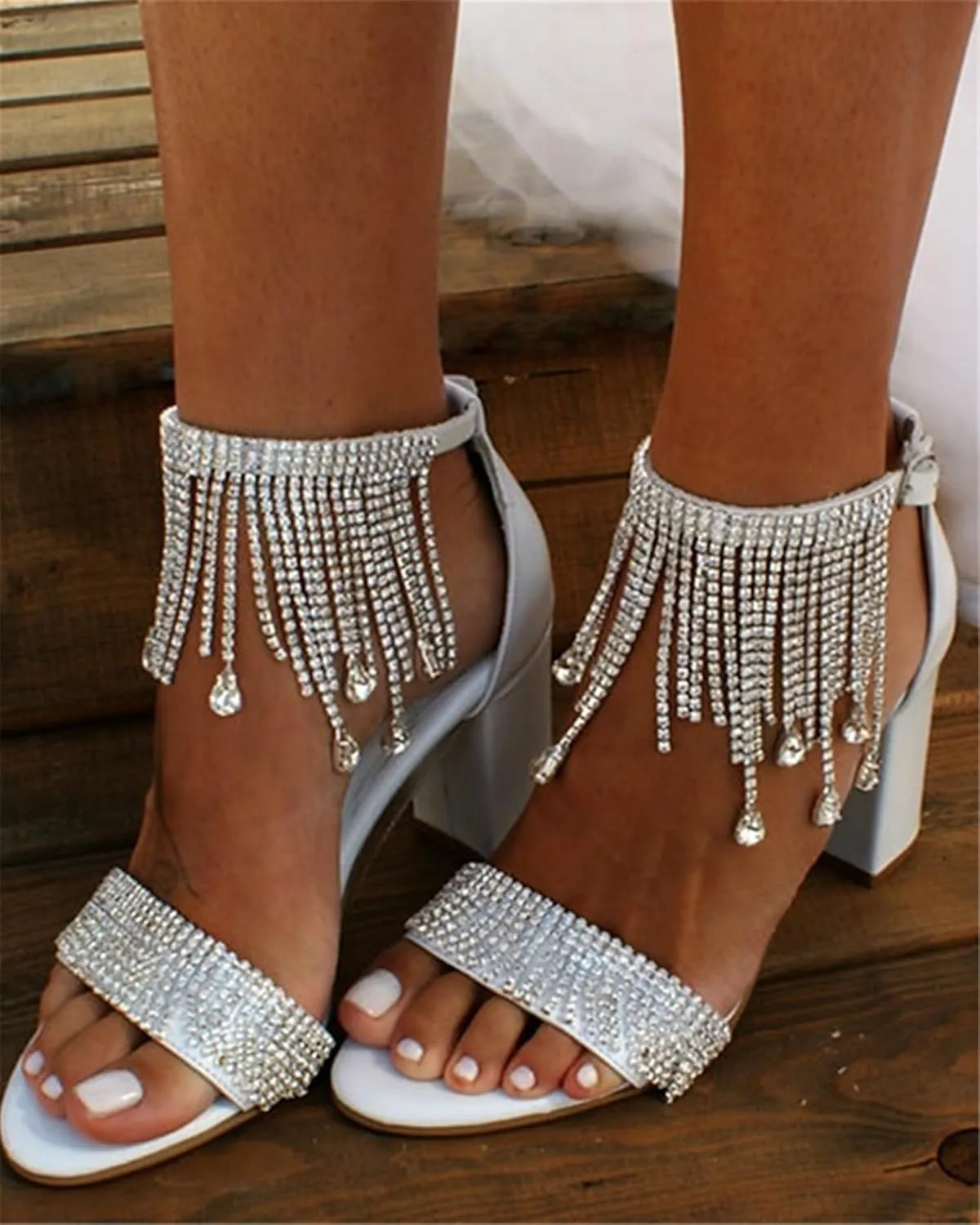ADMLZQQ High Block Heel Wedding Sandals Rhinestone Wedding Shoes for Bride Ankle Strap Bridal Heels