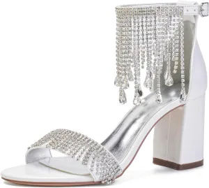 ADMLZQQ High Block Heel Wedding Sandals Rhinestone Wedding Shoes for Bride Ankle Strap Bridal Heels