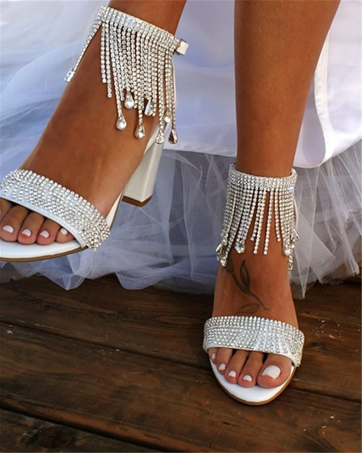 ADMLZQQ High Block Heel Wedding Sandals Rhinestone Wedding Shoes for Bride Ankle Strap Bridal Heels
