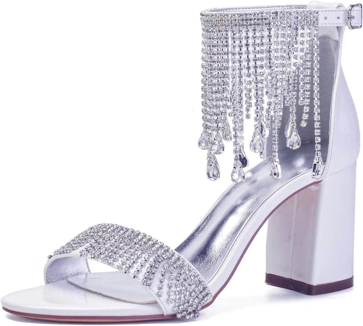 ADMLZQQ High Block Heel Wedding Sandals Rhinestone Wedding Shoes for Bride Ankle Strap Bridal Heels