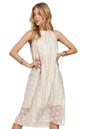 Adora Applique Pearl Detail Grecian Neck Midi Dress in Beige