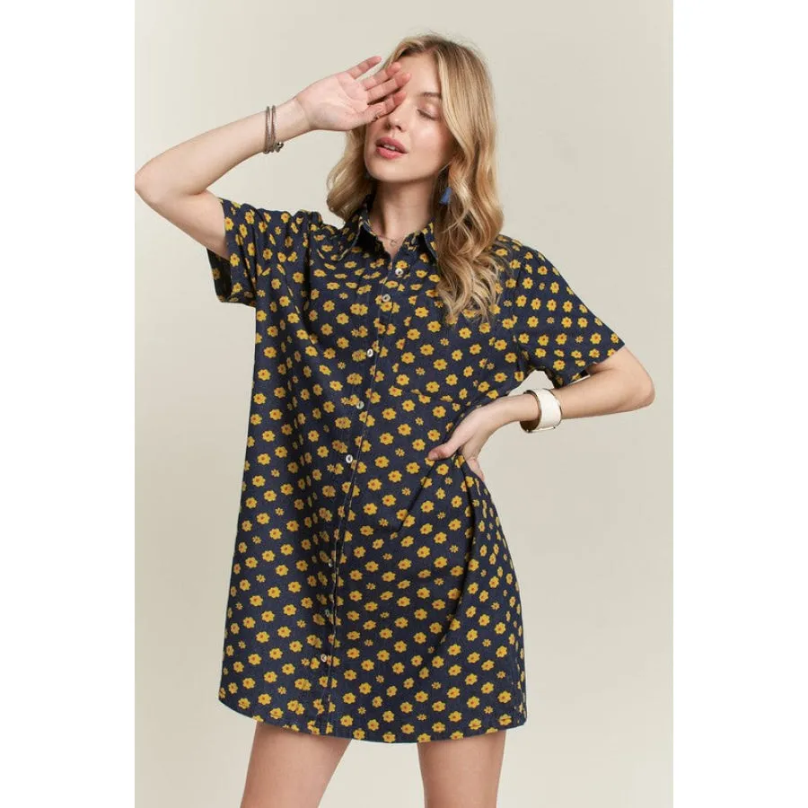 ADORA Floral Button-Up Mini Denim Dress