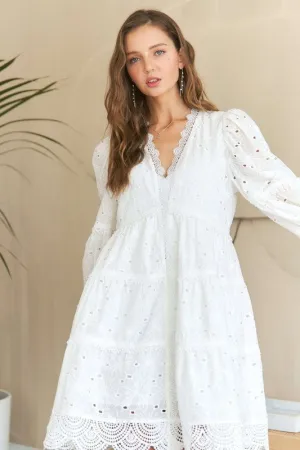 ADORA White Lace Detail Tiered Eyelet Babydoll Dress