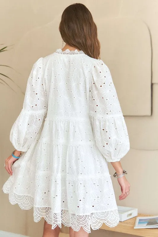 ADORA White Lace Detail Tiered Eyelet Babydoll Dress