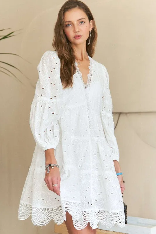 ADORA White Lace Detail Tiered Eyelet Babydoll Dress