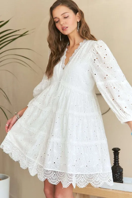 ADORA White Lace Detail Tiered Eyelet Babydoll Dress