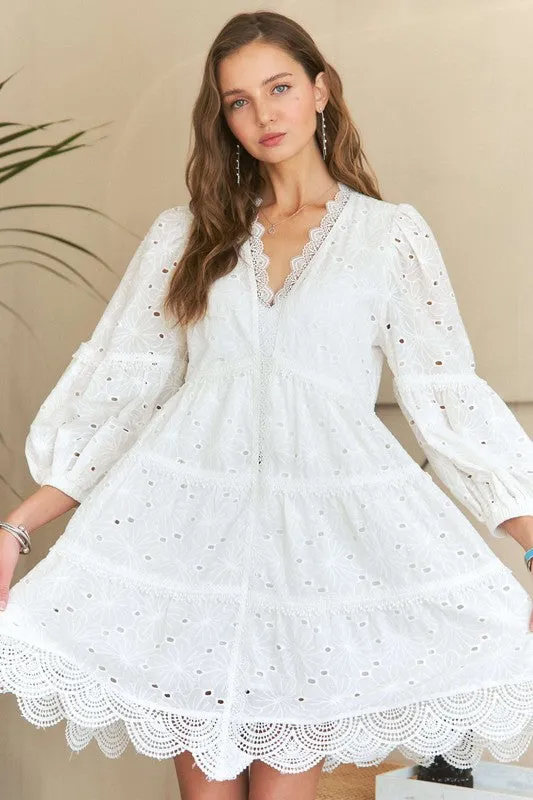 ADORA White Lace Detail Tiered Eyelet Babydoll Dress