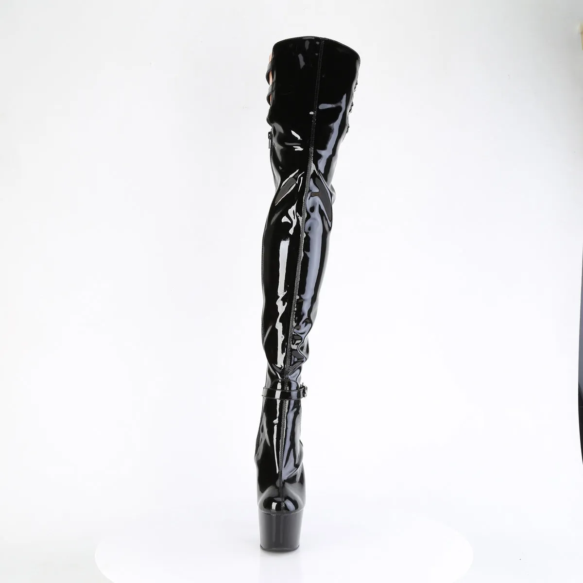 ADORE-3055 Pleaser Fetish Black Patent Buckle Strap Thigh High Boots