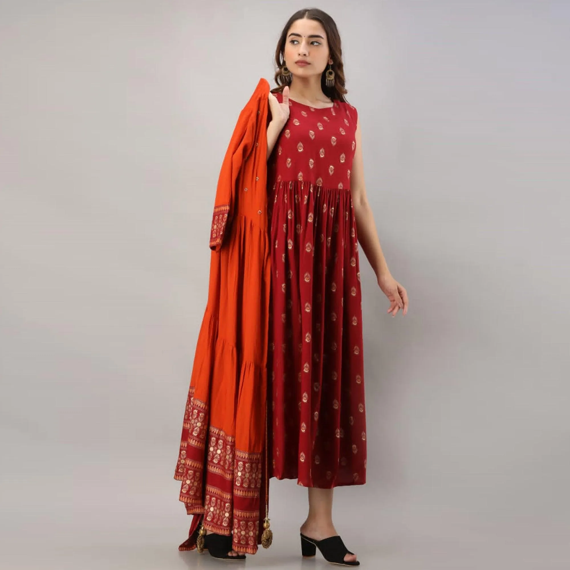Adorning Red - Orange Colored Partywear Printed Koti Style Cotton Kurti